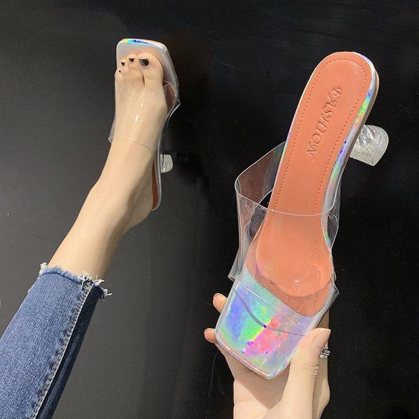 

transparent crystal sun flowers buckle womens slippers new fashion high heels sandals shoes pvc summer square toe ladies strange, Black