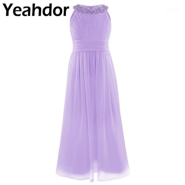 

floor length chiffon flower girls dress pleated high-waist sleeveless sequins beads princess dress party vestidos for kids girls1, Red;yellow