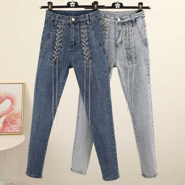 

2020 spring autumn fashion lace up feet jeans women high waist skinny pencil jeans1, Blue