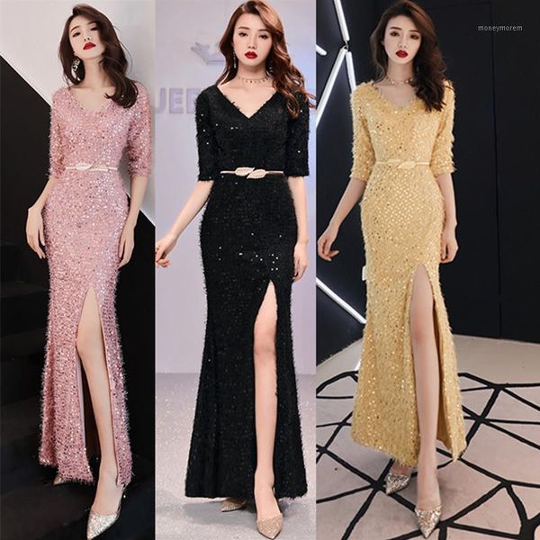 

casual dresses dress female host fishtail high temperament long v-neck1, Black;gray