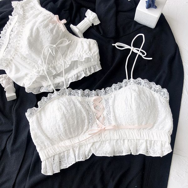 

wriufred vintage cotton wire tube bra set comfortable chic underwear fying lace side large size lingerie brief sets c1212, Black;white