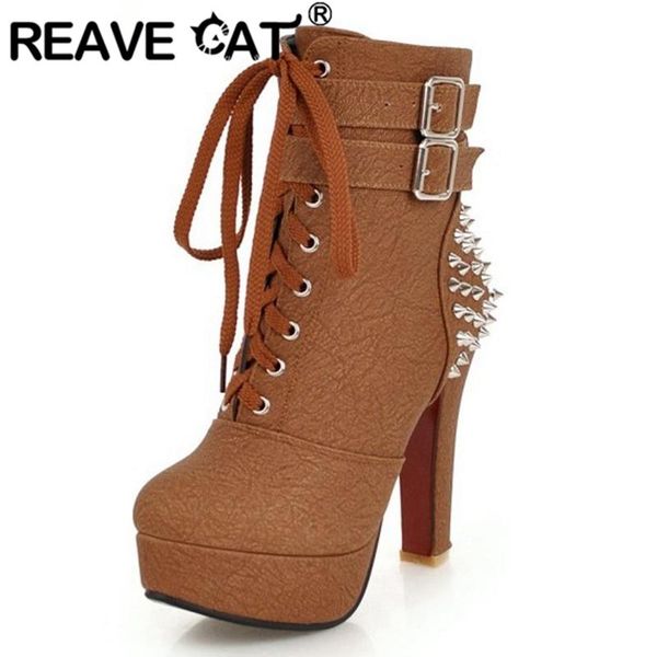 

boots reave cat winter warm ankle round toe 11.5cm thin high heels lace up cross-tied rivets zipper big size 34-48 leisure a2900, Black