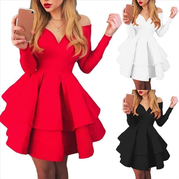 

elegant woman evening ceremony clothes long sleeve v neck off shoulder large swing ruffled hem mini dress, Black;gray