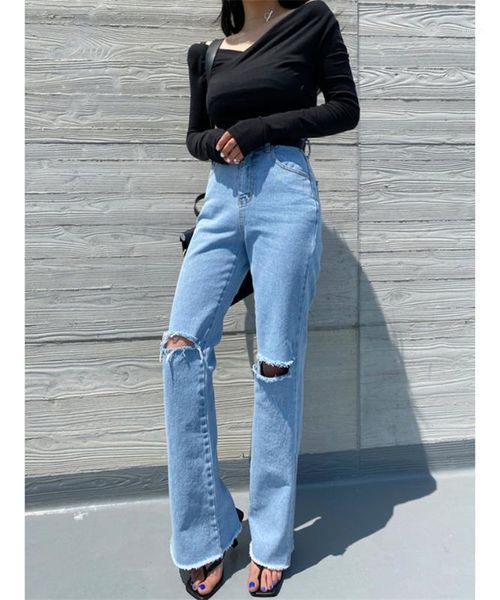 

new chic fashionable straight summer hole frayed ripped stratched ins korean style solid denim pants side split jeans1, Blue