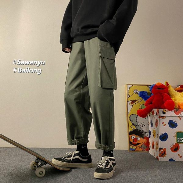 

men buckle cuffs cargo pants hip hop japanese streetwear 3d pockets fashion casual trousers loose straight track pant 4 colors, Black