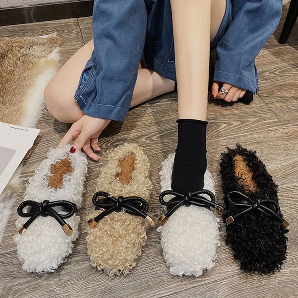 

flock fur shoes cover toe woman's slippers loafers mules for women 2020 slides butterfly-knot fashion plush new luxury flat x1020, Black