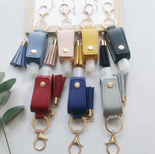 

leather sanitizer keychains 30ml bottle pu case tassel keyring travel bottle refillable container flip bottle carrier girls gifts dw6201, Blue