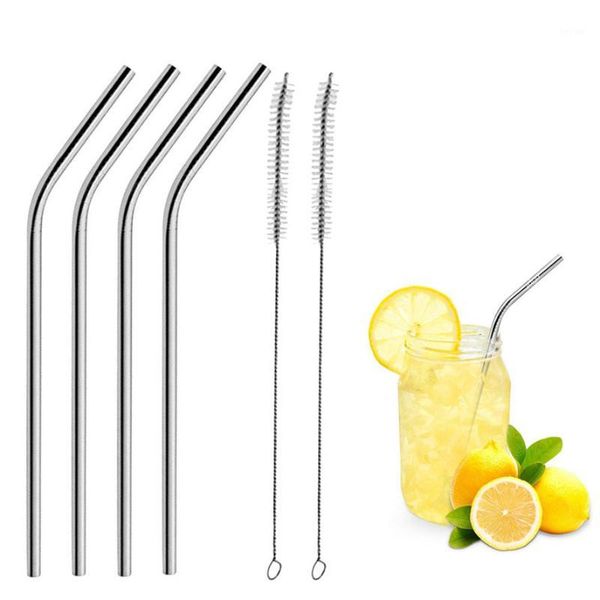 

drinking straws bar party cocktail drink straw 4pcs stainless steel metal reusable +2pcs cleaner brush kit tool 301