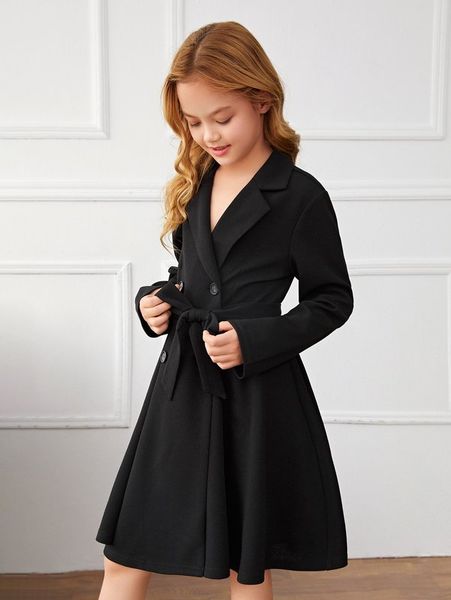 

girls lapel collar double breasted belted dress she, Red;yellow