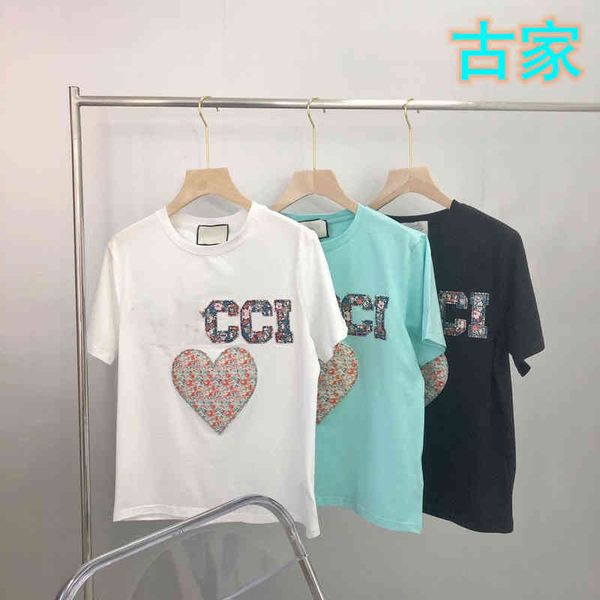 

2022 factory wholesale new gujia summer floral stickers letter love round neck short sleeve casual t-shirt rvxa, White