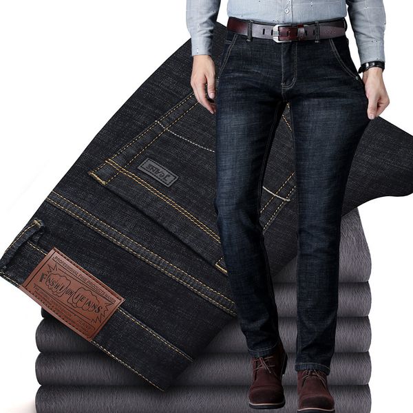 

autumn winter thick warm men jeans black casual straight leg jeans business full lenght scratched zipper fly man trousers 2020 h1209, Blue