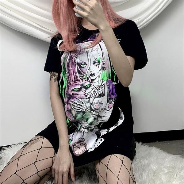 

gothic harajuku print black t shirts women extra long t shirts streetwear short sleeve tees 2020 summer casual top, White