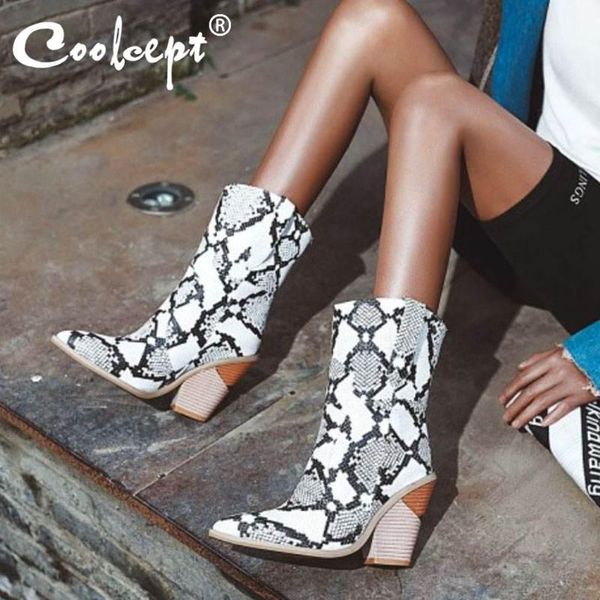 

boots coolcept plus size 33-46 women mid calf fashion snake print western shoes autumn winter pointed toe short, Black