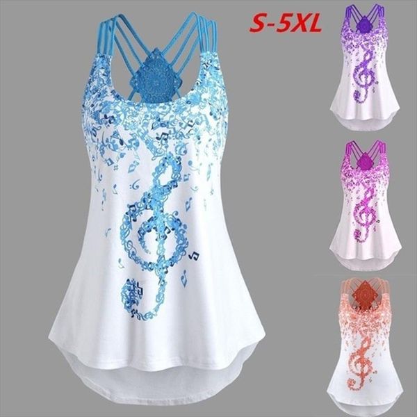 

плюс размер женские повязки без рукавов жилет топ музыкальные ноты печать роды летние танки топы для женщин рубашка одежда camisole, White