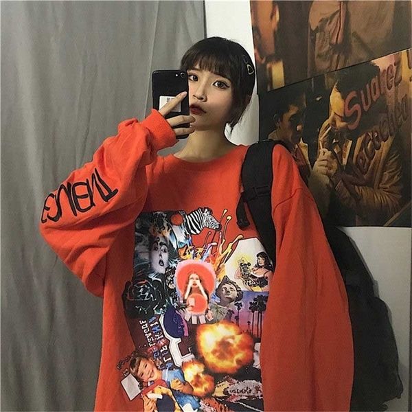 

nicemix harajuku style poster graffiti print hoodies autumn streetwear loose long sleeve pullover thin sweatshirt women cloth 201207, Black