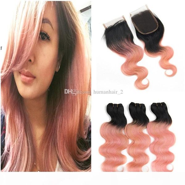 

rose gold ombre lace closure with bundles two tone 1b rose gold body wave dark root hair with lace closure peruvian virgin hair, Black;brown