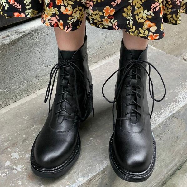 

women genuine leather square heels boots round toe lace-up spring fall fashion cross-tied daily black booties 20201