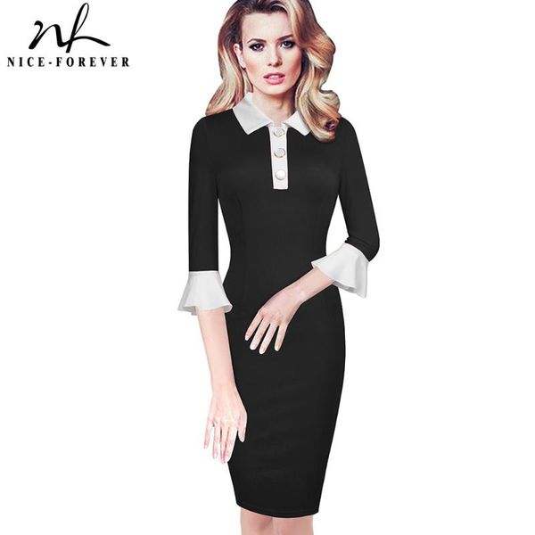 

nice-forever autumn elegant contrast color patchwork women dresses business office bodycon fitted dress b598, Black;gray
