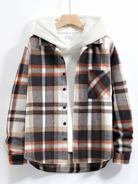 

men plaid print pocket front coat without hoodie v9mw#, Black;brown