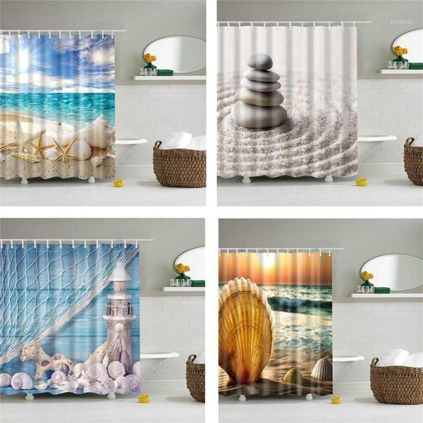 

seaside shell, sandy beach shower curtains waterproof bathroom supply cloth bath curtain set with hooks bath screen decor1