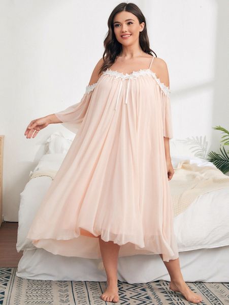 

plus cold shoulder guipure lace trim nightdress 63th#, Black;white
