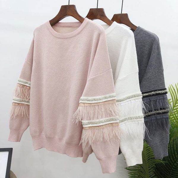 

streetwear handmade beading tassel patchwork plus size sweater women casual knitted pullover sweater autumn long sleeve jumpers1, White;black