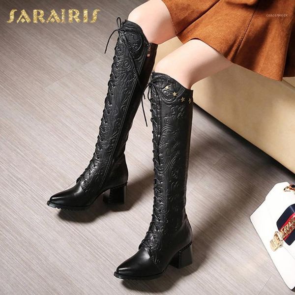 

boots sarairis 2021 fashion pointed toe knee high woman shoes comfy genuine cow leather ladies boot cross-tied lady1, Black