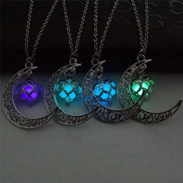 

the moon heart necklaces luminous glow in dark silver fashion essential oil diffuser necklace lockets chains pendant jew