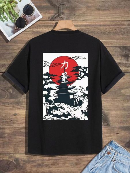 

men chinese letter & sun print tee h0sg#, White;black