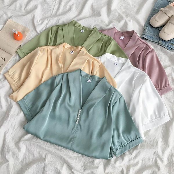 

design shirt female summer retro office lady shirt 2020 smooth silk bead loose elegant short-sleeved women blouse1, White