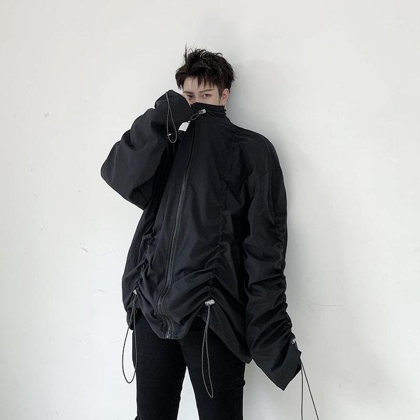 

men drawstring folds loose casual jacket male women high street hip hop windbreaker coat outerwear spring autumn clothes1, Black;brown