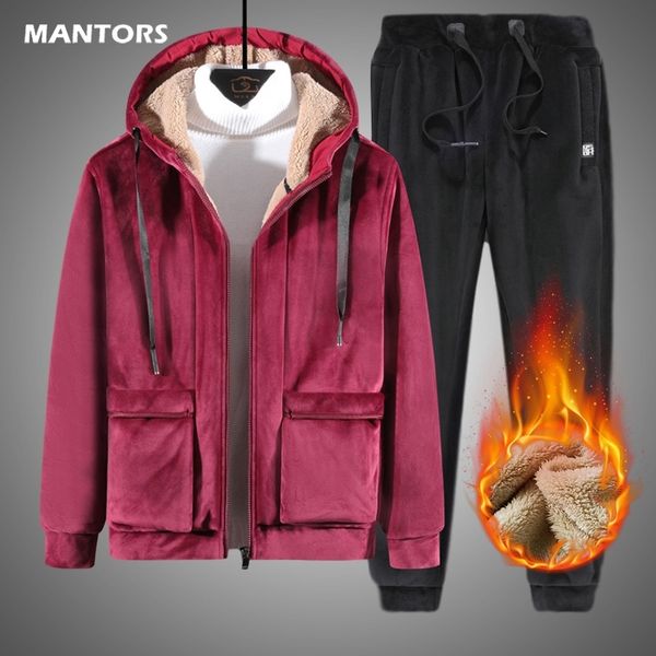 

super warm tracksuits winter men set velvet thick two pieces set winter fleece mens track suit jacket+pants father's gift 201201, Gray