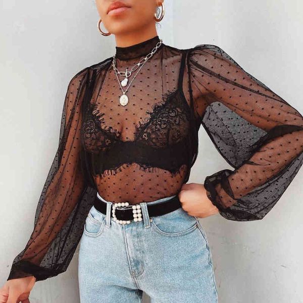

women's knits & tees woman polka dot seethrough blouses 2021 spring fashion ladies base transparent outwear female elegant sl, White