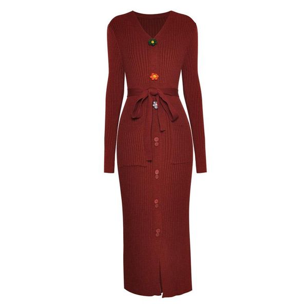 

flower buttons wine red wool knitted sweater dress v-neck long sleeves self-tie belt slit pockets length tight bodycon dress, Black;gray