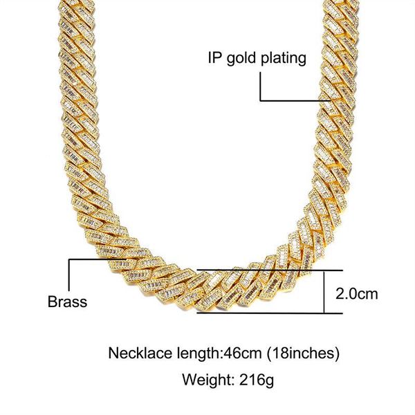 

hip hop 21mm 3 row baguette prong cuban chains bling iced out cz setting + cubic zirconia box buckle necklace for men jewelry, Silver