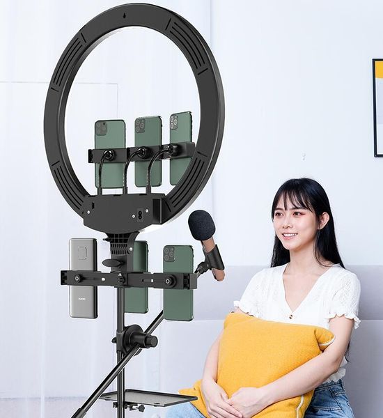 

заводская распродажа 18 "светодиодный кольцевой свет студия фото видео дизммируемая лампа с 210см кронштейн и четыре сиденья