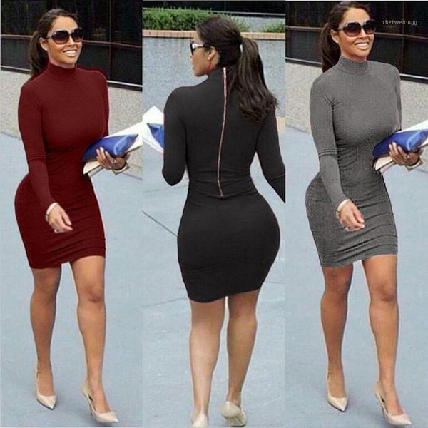 

women long sleeves dresses bodycon metal zipper tight package hip ladies autumn winter fashion wear female black wine red1, Black;gray