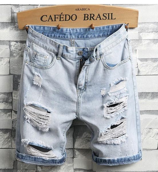 

men light blue denim shorts holes short jeans men straight casual jean shorts knee length denim