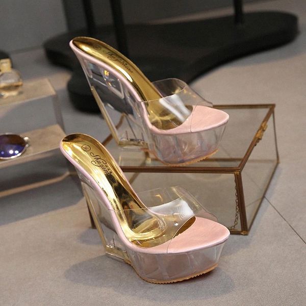 

women shoes slippers summer transparent crystal model catwalk wedding shoes high-heeled 14cm wedges shoes #vm8s, Black