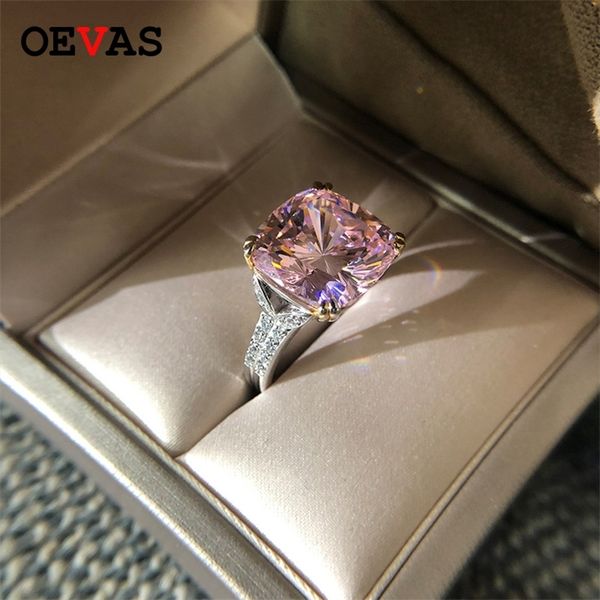 

oevas 100% 925 стерлинговое серебро игристые квадратные розовые желтые белые высокие углеродные бриллиантные обручальные кольца для женщин п, Silver
