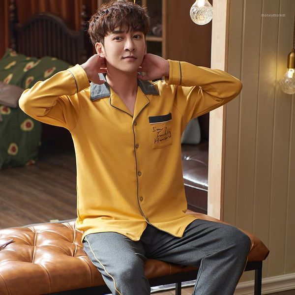 

men's sleepwear spring pajamas for men cotton pijama hombre long sleeve turn-down collar cardigan male homewear plus size 3xl pyjamas1, Black;brown