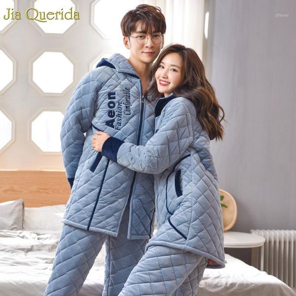 

new couple winter velvet pajamas 3 layer padded warm home clothing hooded cardigan zipper jacket chic embroidery couple pajamas1, Black;brown