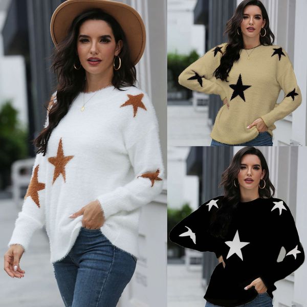 

2020 women's new casual star long sleeve knitted sweater, White;black