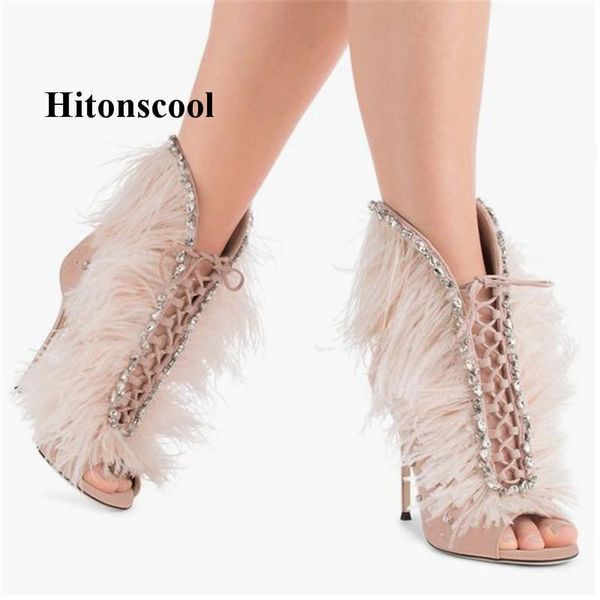 

boots women feather rhinestone peep toe ankle lace up cut-out gladiator summer sandals high heels party shoes women1, Black