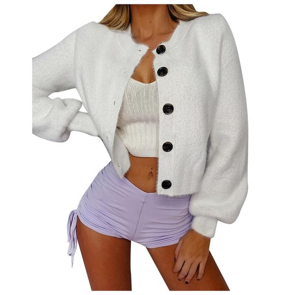 

ladies short plush cardigan button candy color simple atmosphere large size women's fall winter jacket, Black;brown