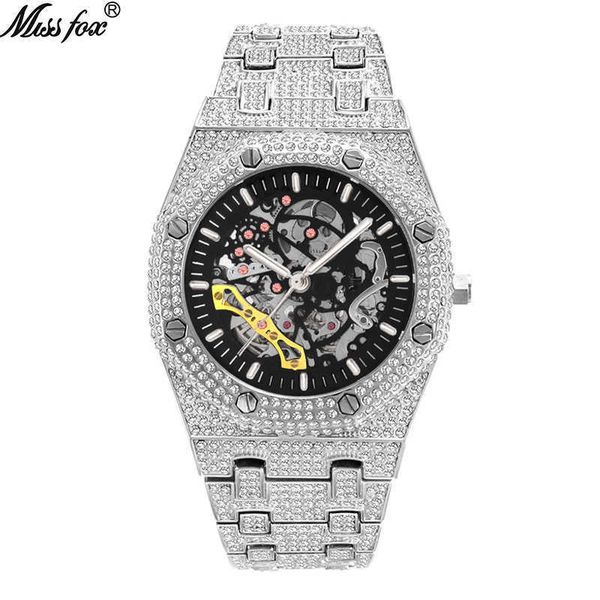 

Missfox watch app full drill hollow mechanical watch waterproof luminous stainless steel men's Watch, Rose gold