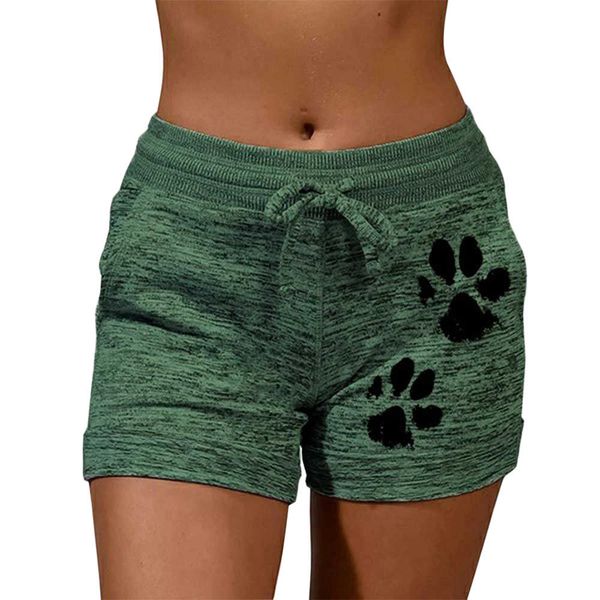 

2020 summer fast drying drawstring cat paw print lace up high waist elastic cotton short women beach casual sport shorts, White;black