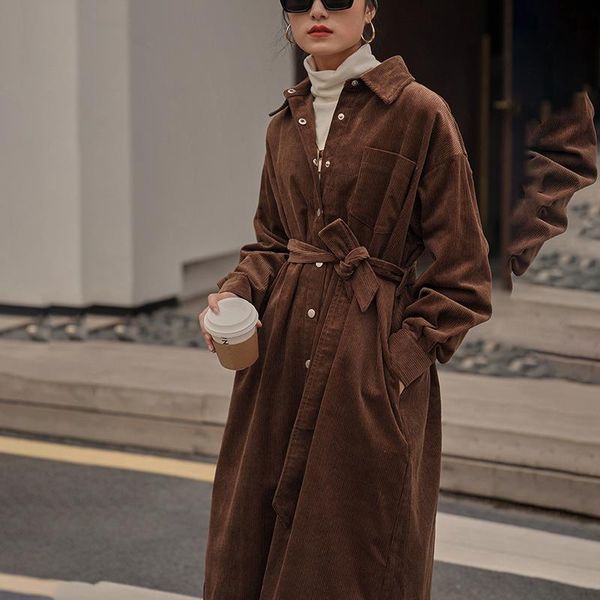 

size women big corduroy long trench new lapel long sleeve loose fit windbreaker fashion tide spring autumn 2021 1dd1634, Tan;black