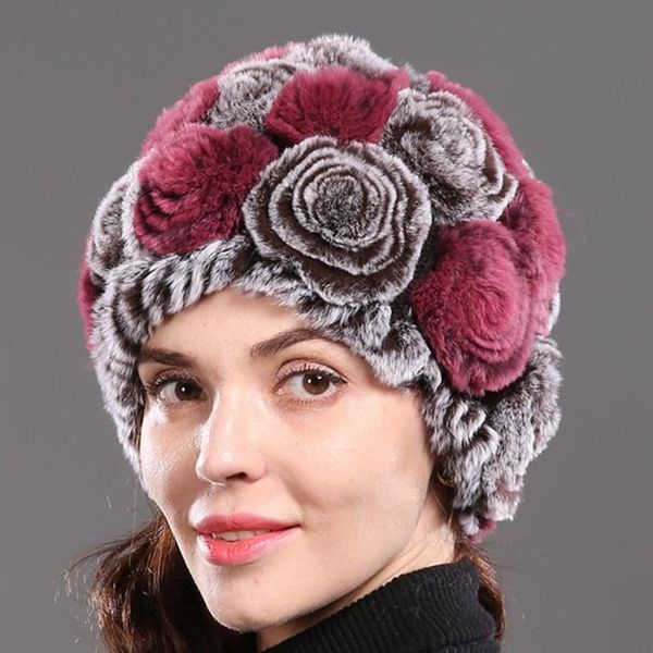 

handmade вязаные цветы натуральные 100 натуральные rex кролики меховые шапки зимние теплые женщины rex rex кролики меховые колпачки вязаные