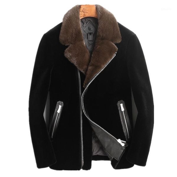 

real sheep shearling fur coat men winter jacket real collar warm wool coat male alpaca down jacket lbl-daf98001 my16601, Black